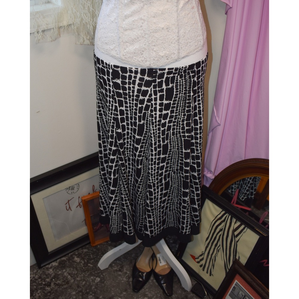 Laura Ashley Petite PS Black White Grid Print Flared Midi Skirt Contrast Hem